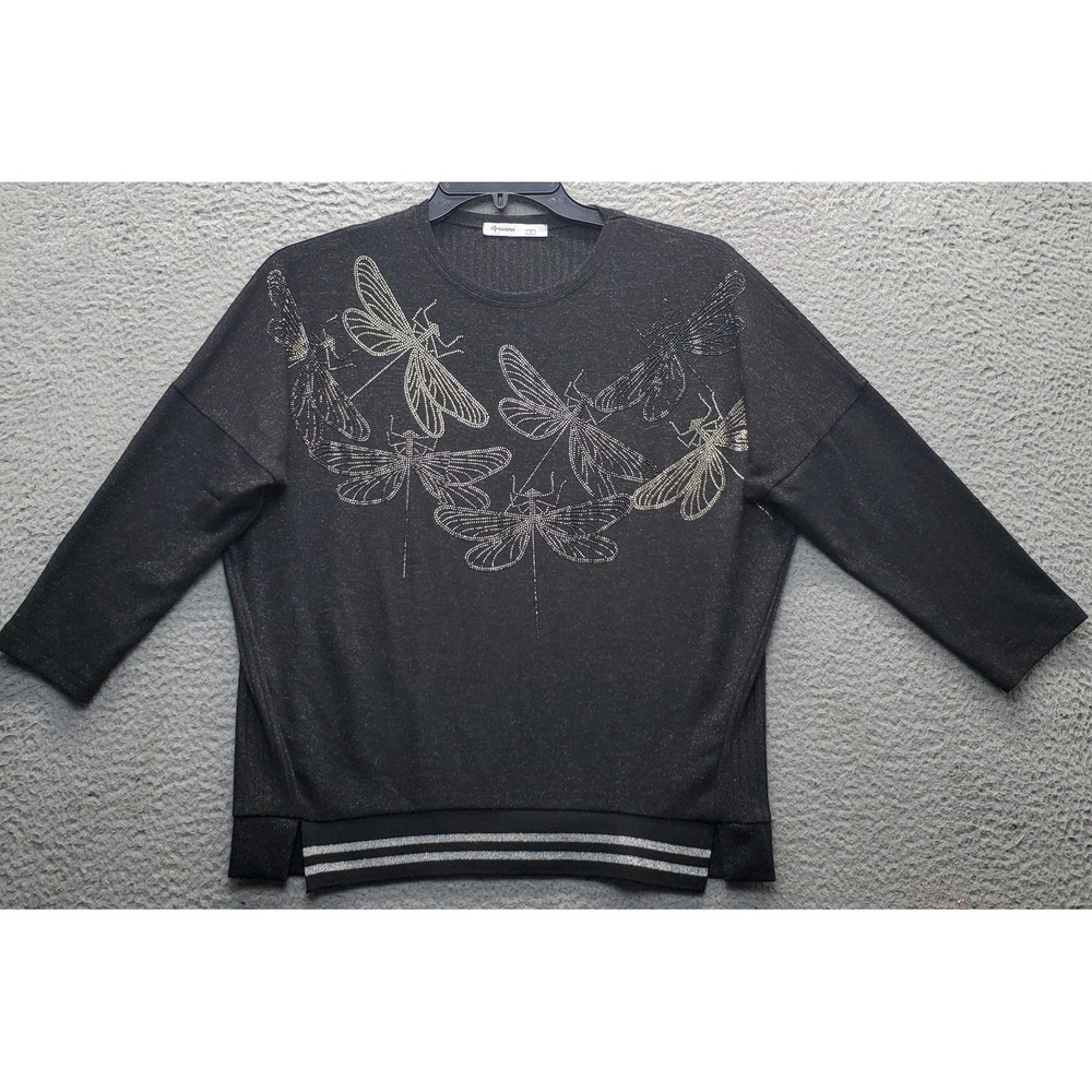 Arianna Sweater Womens 1 Black Metallic Dragonfly Rhinestone‎ Side Slit Rib Hem